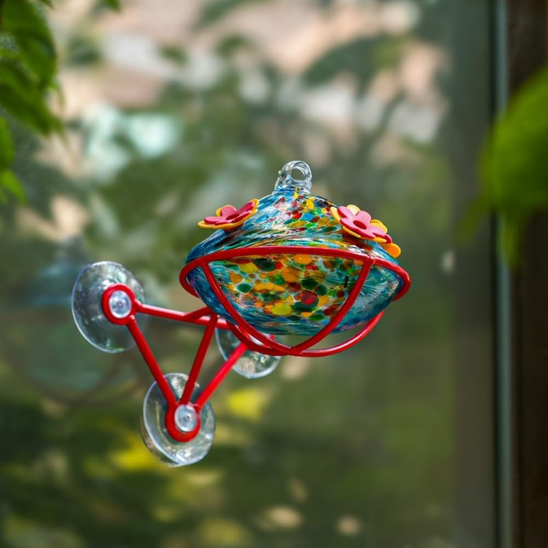 Window Hummingbird Feeder - Hand Blown Glass Mounted Hummingbird Feeder