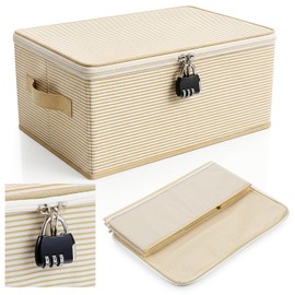 2 Pack Discreet Lockable Storage Organizer with Combination Locks, 15 x 10 x 6 Inches Foldable Toy Bag Storage Bins for Women and Men Clothes Container (Coffee Brown Stripes)