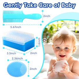 Cradle Cap Brush for Babies, Set of 5 Baby Bath Essentials with Bath Sponge Silicone Scrubber Long Handle Comb for Newborns Toddlers Boys Girls (Blue)