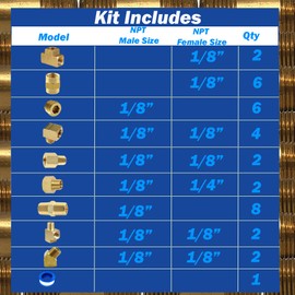FloFlex Brass Fittings Assorted 1/8" NPT Kit, 35pcs Female Tee, Coupler, Pipe Plug, Extension, Reducing Adapter, Metric Hex Nipple, Street Tee, 90 and 45 Degree Street Elbow