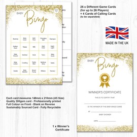 Olivia Samuel Bingo Baby Shower Game for up to 26 Players from Gold Sparkle Design with Winner Certificate – Unisex – Made in the UK