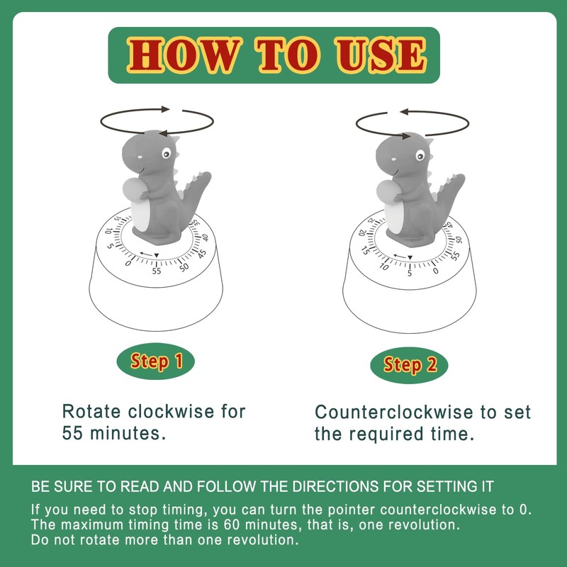 ELE DEPI 60 Minutes Mechanical Kitchen Timer,Cute Dinosaur Timer for