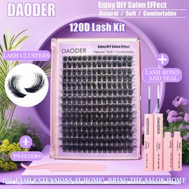 DAODER Thick Eyelash Extension Kit 120D Fluffy Cluster Eyelash Extensions 8-18MM Wispy Lash Clusters Kit D Curl Lash Bond and Seal Waterproof DIY Lash Extension (120D Eyelash Kit)