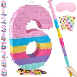 PCFING 20 Inch Number 6 Piñata Rainbow Candy Color with 30 Inch Piñata Stick Blindfold Confetti for Boy Girl Kids Birthday Party Decorations, Anniversary Celebration, Fiesta