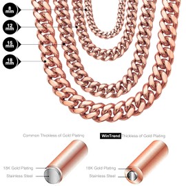 WinTrend Cuban Link Chain Necklace or Bracelet with Design Box Clasp for Men 10MM/14MM Rose Gold Stainless Steel Hip Hop Miami Curb Chains 7.5-30 inch(14MM, 16")