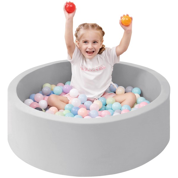UBBCARE Baby Foam Ball Pit, Soft Playpen Ball Pool for Toddlers, 35 x 12 Inches Ball Pit, Round Memory Foam Pool for Indoor Outdoor Games, Washable & Detachable Cover- (No Balls) Light Grey