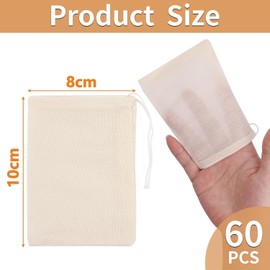 60 Pcs Reusable Muslin Spice Bags – 8x10 CM Natural Cotton Drawstring Bags for Cooking, Soup, Tea, Straining, and Herb Sachets, Unbleached Cheesecloth for Loose Tea and Cheese