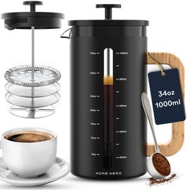 Home Hero French Press Coffee Maker - 34 oz Coffee Press with Bamboo Wood Handle, Heat Resistant Thick Borosilicate Glass French Presses, 4 Layer Filter, French Press Stainless Steel (Black)