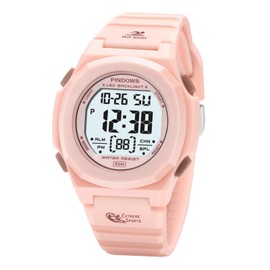 PINDOWS Women's Digital Sport Watch 50 Meters Waterproof Watch with LED Backlight, Calendar, Alarm Clock, Stopwatch, Perfect Gift for Women, Pink