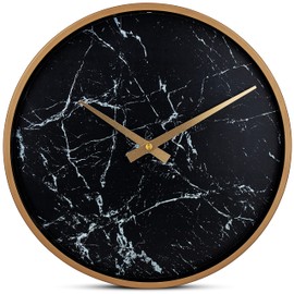 Bernhard Products Modern Wall Clock 13 Inch Noiseless Silent Non Ticking Decorative Stylish Black Marble Look and Metal Rose Gold Frame for Home Kitchen Office Living Room Bedroom