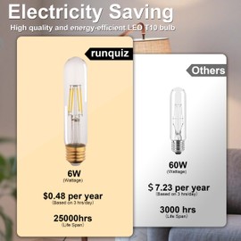 runquiz T10 Tubular Led Bulbs 60w Equivalent, Dimmable 5.25 Inch Led Tube Bulb, E26 T30 Edison Tubular Clear Light Bulbs, 5000K Cool White Long Skinny 6W 10 Pack