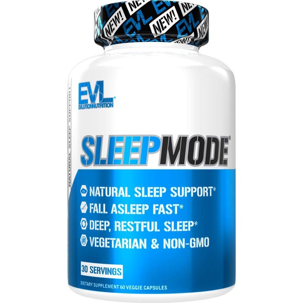 Evlution Nutrition Sleep Mode, Fall Asleep Faster, Melatonin, GABA, Valerian Root & More, Natural Aid for Deeper Sleep & Relaxation, 60 Vegetarian Capsules, 30 Servings