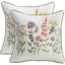 Tosleo Embroidered Throw Pillow Covers 18x18 Set of 2, Flowers Pillow Cushion Cases, Modern Decorative Square Pillowcases for Sofa Couch Bedroom Living Room Car（Birds & Flowers）
