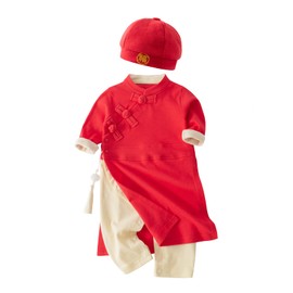 LXKIKMM Baby Toddler New Year Chinese-style Rompers Chinese Cheongsam Costume with Hat,Red 18-24 Months