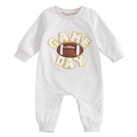 FOMOYUU Newborn Infant Neutral Baby Boys Girls Football Season Jumpsuit Football Embroidery Long Sleeve Sweatshirt Romper (Gray, 3-6 Months)
