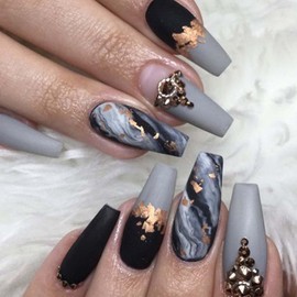 YoYoee Long Coffin False Nails Marble Nails Press on Nails Gradient Acrylic Full Cover Gray Fake Nails for Women and Girls 24PCS