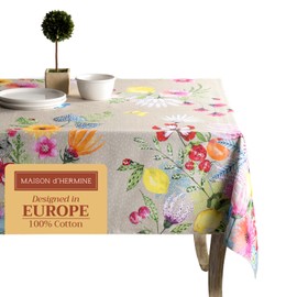 Maison d'Hermine Tablecloths, 100% Cotton, 160 cm x 220 cm, Decorative, Washable, Square Tablecloth, Tablecloth for Mother's Day Gifts, Dining, Camping, Jardin D'Ete - Fog - Spring/Summer