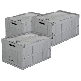 Mount-It! Folding Plastic Storage Crate, PACK OF 3, Collapsible Utility Distribution Container with Attached Lid, 65L Liter Capacity, Gray,