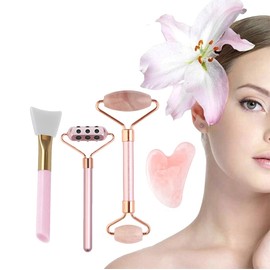Jade Roller Germanium Roller and Gua Sha and Silicon Brush Gift Set Anti-Aging Germanium Stone Roller Natural Rose Quartz Jade Face Roller Beauty Stone Roller Improves the appearance of skin Lifts Tightens Firms and Depuffs your skin Significantly reduce