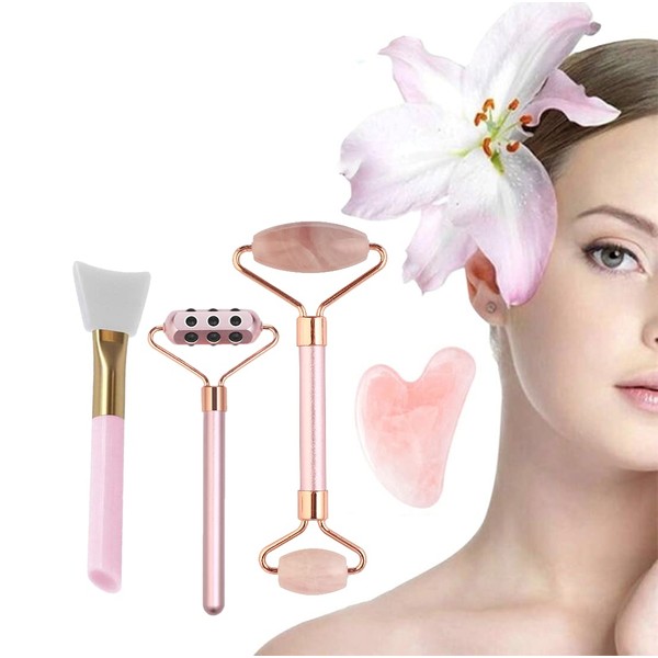 Jade Roller Germanium Roller and Gua Sha and Silicon Brush Gift Set Anti-Aging Germanium Stone Roller Natural Rose Quartz Jade Face Roller Beauty Stone Roller Improves the appearance of skin Lifts Tightens Firms and Depuffs your skin Significantly reduce
