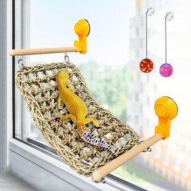 VCEPJH Bearded Dragon Hammock, Reptile Window Perch Natural Seagrass Gecko Climbing Tank Accessories Lizard Lounger Bed with Powerful Suction Cups Bearded Dragon Toys for Chameleon Basking (30*18cm)