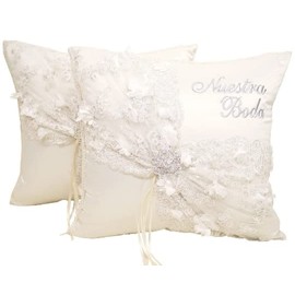Set of 2 Ivory Wedding Kneeling Pillows, Embroidered Nuestra Boda Kneeling Pillows, Satin and Lace Kneeling Pillows, Ivory/Silver