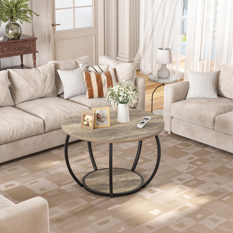GreenForest Round Coffee Table with 2-Tier Open Storage, 27.6 inch