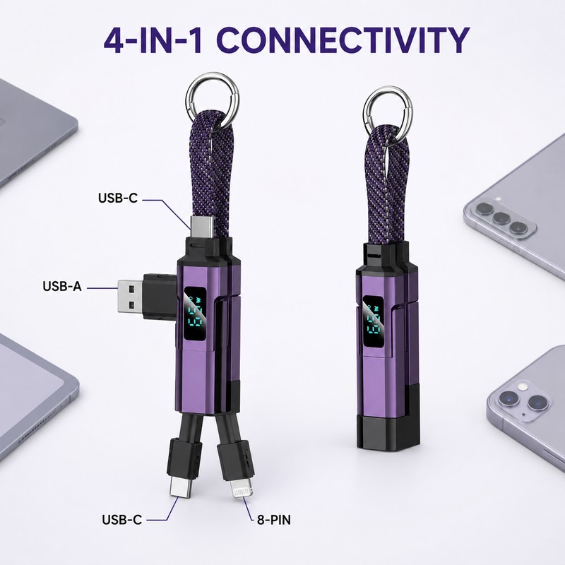 2-Pack 4-in-1 65W Keychain Charging Cables with Digital Power Display