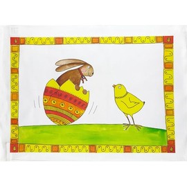 Half a Donkey The Easter Bunny meets a chick large cotton tea towel