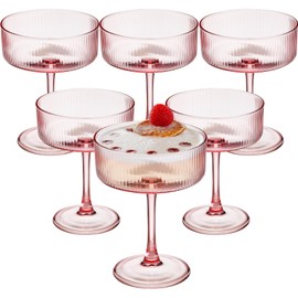 Martini Glasses Set of 6,Vintage Champagne Cocktails Glasses,10.5 Ounces Large Pink Ribbed Coupe Drinking Wine Glasses Goblet,Margarita Glasses for Bar,Dessert,Cocktail Glassware Gift Set Luxury