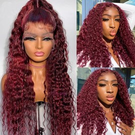 zikria Burgundy Curly Human Hair Wigs for Black Women 13X4 HD Lace Front Wigs Human Hair 150% Density Frontal Wigs Human Hair Pre Plucked with Baby Hair 18 Inch, #burgundy 99J Color