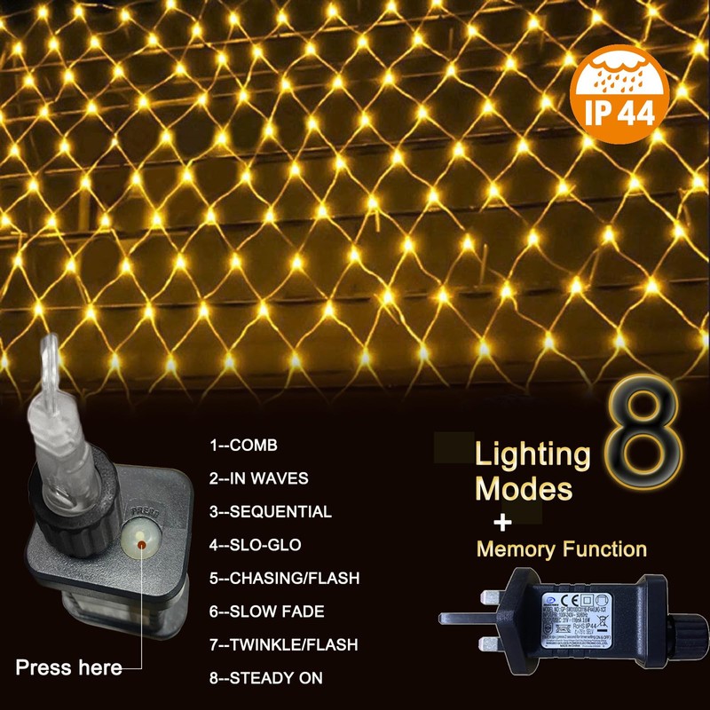 Gresonic Net Fairy Lights Warm White 160LED 1.9mx0.9m/6.5ftx3.2ft 8 Mode