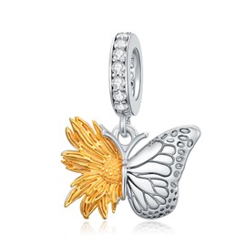 PROESS Butterfly Sunflower Charm 925 Sterling Silver Sunflower Pendant Dangle Charm Beads for Bracelet Butterfly Jewelry Gifts for Women