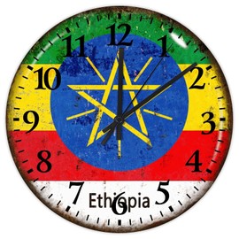 Wood Wall Clocks Silent Non-Ticking Large Numbers Battery Operated Ethiopia Retro Wall Clocks Country Flag Patriotic Home Decoration for Workshop Garage Garden 15 Inch