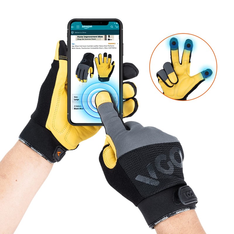 [Vgo...] Men's Mechanic Gloves, Work Gloves, Handle, Cowhide Leather, Shockproof,