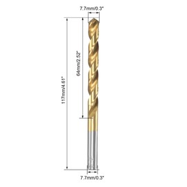 uxcell High Speed Steel Straight Shank Twist Drill Bit Fully Ground Titanium Coated 7.7mm Drill Diameter 117mm Total Length 64mm Drill Bit Length