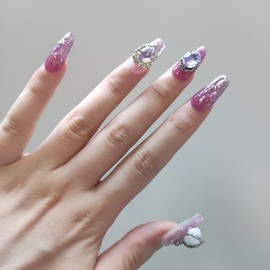 CEBOIC Glue-On Nails, Press On Nails, Handmade Gel Nails, Luxury Reusable Purple False Nails with Pearl and Rhinestones for Girls and Women, Everyday and Party, Pack of 10