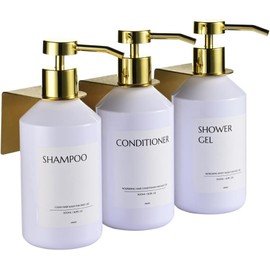 JANXIN Shampoo and Conditioner Dispenser Set of 3 for Wall Mount,16.9 fl oz Drill Free Shower Soap Bottles with Labels,Refillable Body Wash Dispensers for Bathroom Decor (White Bottles + Gold Pumps)