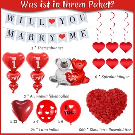 Will You Marry Me Decorations - 534 Pcs Proposal Decorations Kit Love-Bear I Love You Heart Balloons Banner Heart Swirls Rose Petals Decor for Romantic Anniversary Wedding Valentine's Day Party Decor