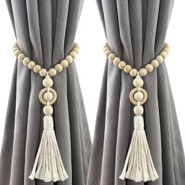 YISARSH Wood Bead Magnetic Curtain Tiebacks, No Drill Curtain Tie Backs with Cotton Tassel, Boho Drapery Holdbacks for Sheer and Light to Medium Curtains, Farmhouse Window Decor, 2 Pack, Off White