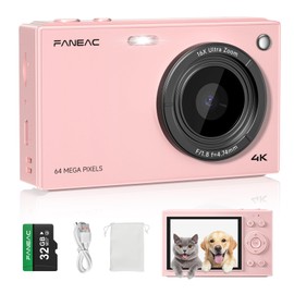 FANEAC S1 Digital Camera – 1080P FHD 4K UHD Autofocus Point and Shoot Camera for Beginners, Teens, and Adults with IPS Screen, 16x Zoom, Macro, Self Timer, 32GB Card Included (Pink)
