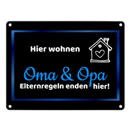Hier wohnen Oma und Opa - Elternregeln enden hier Metal Sign in 15 x 20 cm in Blue Parents Grandparents Granddad Grandmother Gift Hearts Babysitter Grandpa Bonus Grandma Bonus