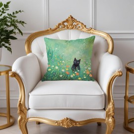 Fuasei Floral Black Cat Pillow Covers 18x18, Cats Lovers Lady Gifts, Cat Gifts for Mom Mother's Day, Cats in Green Field Meadow Decorative Pillow Covers for Home Bedroom Living Room Office Decor