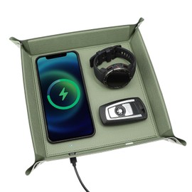 Leather Valet Tray for Men, LAVAVIK Nightstand Organizer Built in Wireless Charger Pad, EDC Charging Catchall Tray Women Bedside Dresser Storage for Phone/Jewelry/Key/Wallet(Green)