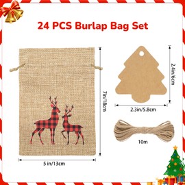 G2PLUS Christmas Drawstring Burlap Gift Bags, 24 Days Christmas Advent Calendar Bags, 8 Designs Buffalo Plaid Xmas Gift Bags with Christmas Tree Tags, 5×7 inch Goodie Bag for Xmas Holiday Party Favors