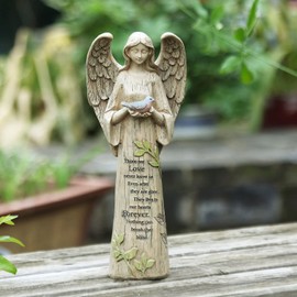 Resin Religious Garden Statue Standing Angel with Bird Statuary for Outdoor Decor, Polyresin, Antique Stone,10in