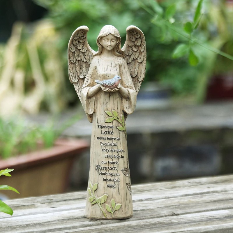 Resin Religious Garden Statue Standing Angel with Bird Statuary for