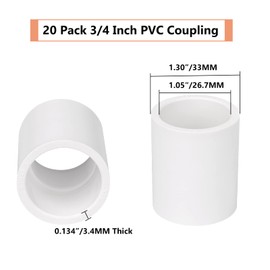 20 Pack 3/4" PVC Pipe Coupling Adapter Pipe Fittings (Socket x Socket) Contractor Pack Schedule 40 Heavy Duty 3/4 Inch PVC Slip Socket Connectors for DIY PVC Shelf Garden Support Structure, White