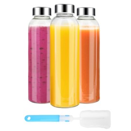 Luxfuel Clear Glass Bottles with Lids 18 oz, Reusable Glass Water Bottles with Stainless Steel Cap for Juicing, Refrigerator,100% Leak Proof, BPA Free, Set of 3