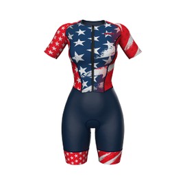 Sparx Aero Triathlon Suit Women Short Sleeve Tri Suit Women Running Swimming Cycling SkinSuit (US Flag, Large)